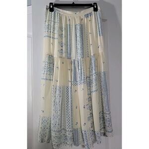 Ba&sh Lady Skirt‎ Women Sz M Londer Midi Ecru Blue Folklore Block Print Bash EUC